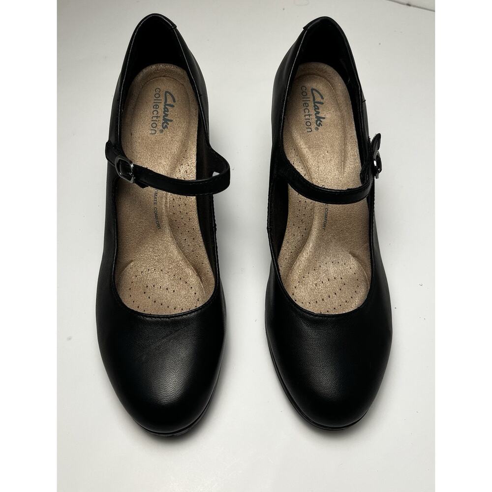Clarks Black Leather Pump Womens Sz 9 Block Heal Comfort Footbed MaryJayne Style